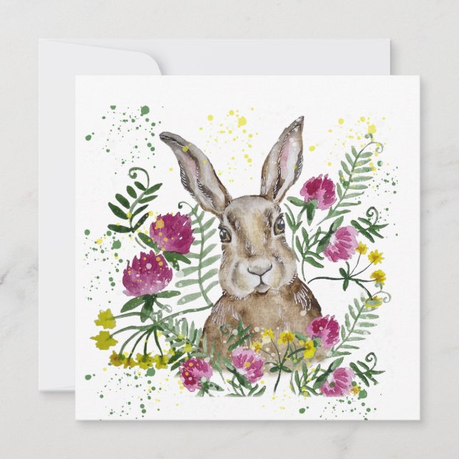Invitation Cute lapin en fleurs d'aquarelle (Devant)