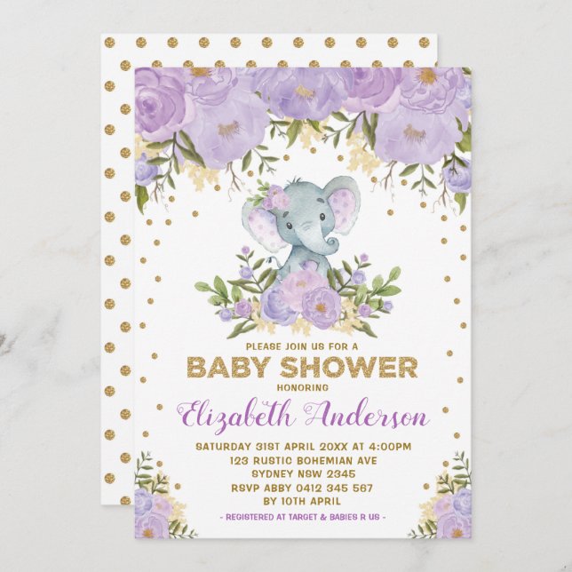 Invitation Cute Lavender Gold Floral Elephant Baby shower (Devant / Derrière)