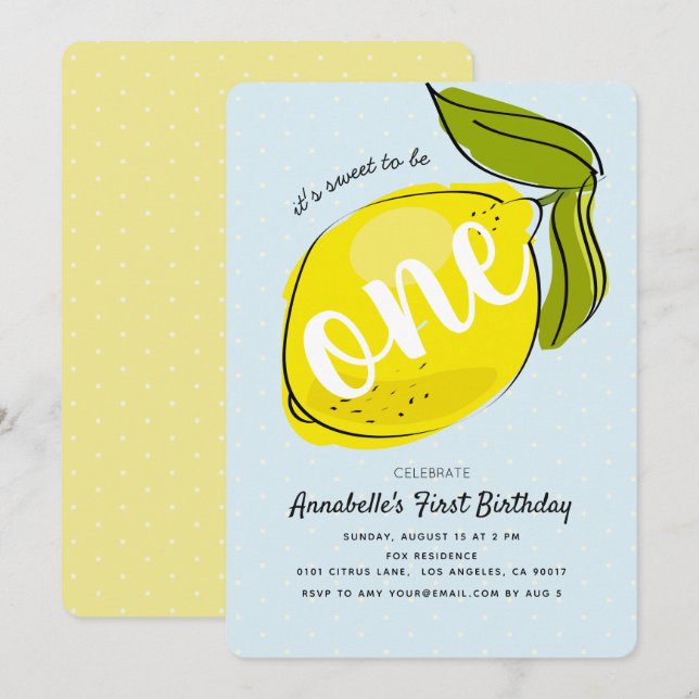 Invitation Cute Lemon 1er anniversaire Baby Blue Party Invita (Devant / Derrière)
