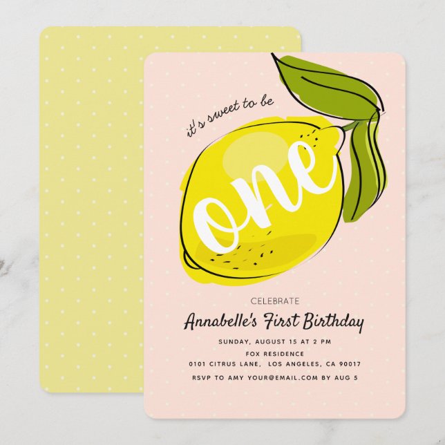 Invitation Cute Lemon 1er anniversaire Baby Pink Party Invita (Devant / Derrière)