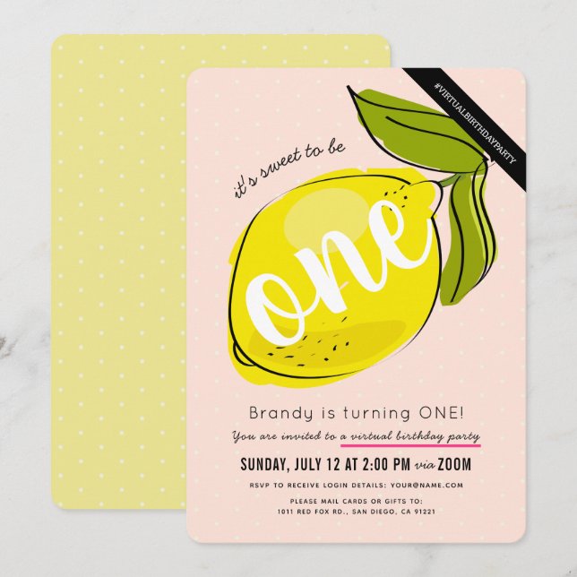 Invitation Cute Lemon Girl Pink Virtual 1er anniversaire (Devant / Derrière)