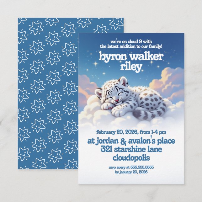 Invitation Cute léopard des neiges dormir sur le Baby shower  (Devant / Derrière)