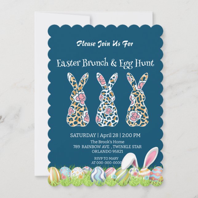 Invitation Cute Leopard oeuf de chasse au lapin Joyeux Pâques (Devant)