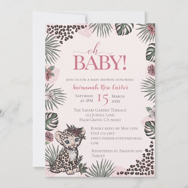 Invitation Cute Leopard Safari Girl Baby Shower (Devant)