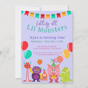Invitation Cute lil Monster Dessin Violet Anniversaire
