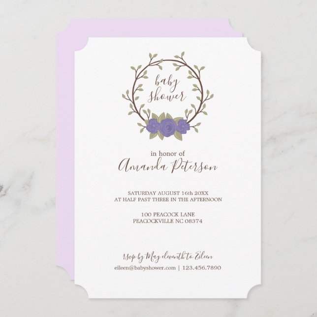 Invitation Cute Lilac Baby shower de couronne de fleurs (Devant / Derrière)
