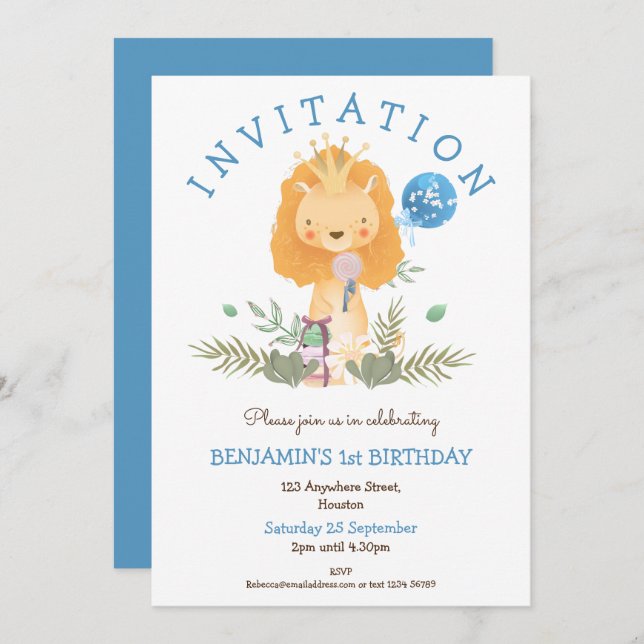 Invitation Cute Lion Feuilles de la Couronne Garçons 1er fête (Devant / Derrière)