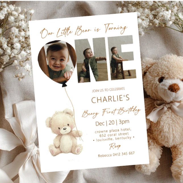 Invitation Cute Little Bear Neutral with Photo 1st Birthday  (Créateur téléchargé)
