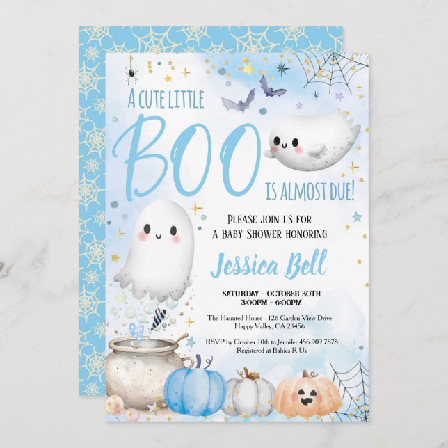 Invitation Cute Little Boo Halloween Baby shower garçon bleu (Devant / Derrière)