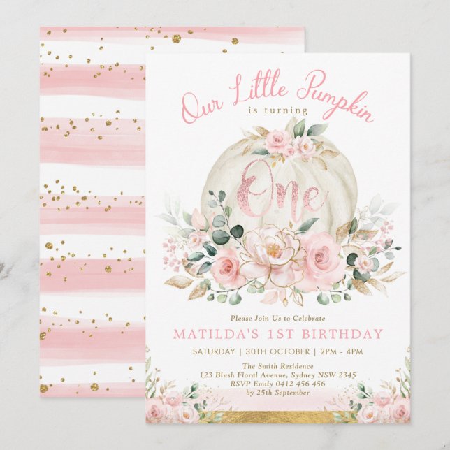 Invitation Cute Little Citrouille Blush Pink Gold 1er anniver (Devant / Derrière)
