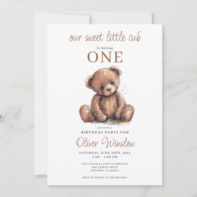 Invitation Cute Little Cub Aquarelle Teddy Bear 1er anniversa (Devant)