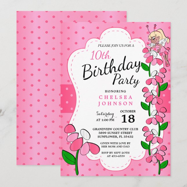 Invitation Cute Little Fairy 00e anniversaire fille en rose (Devant / Derrière)