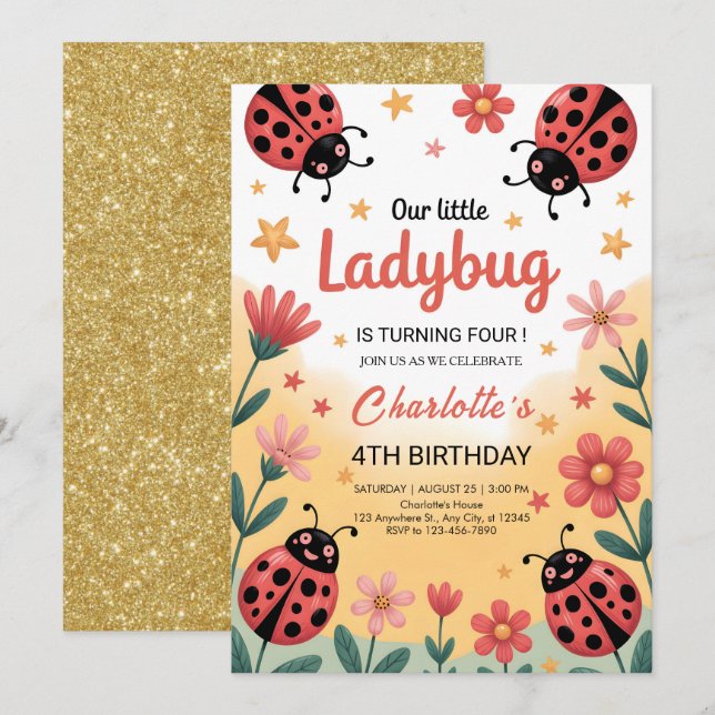 Invitation Cute Little Ladybug Girl Birthday Party (Devant / Derrière)