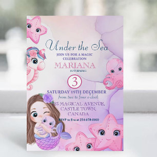 Invitation Cute Little Mermaid Purple Aquarelle 3e anniversai
