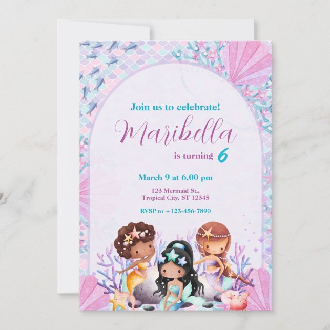 Invitation Cute Little Mermaids Under The Sea Birthday Party (Devant)