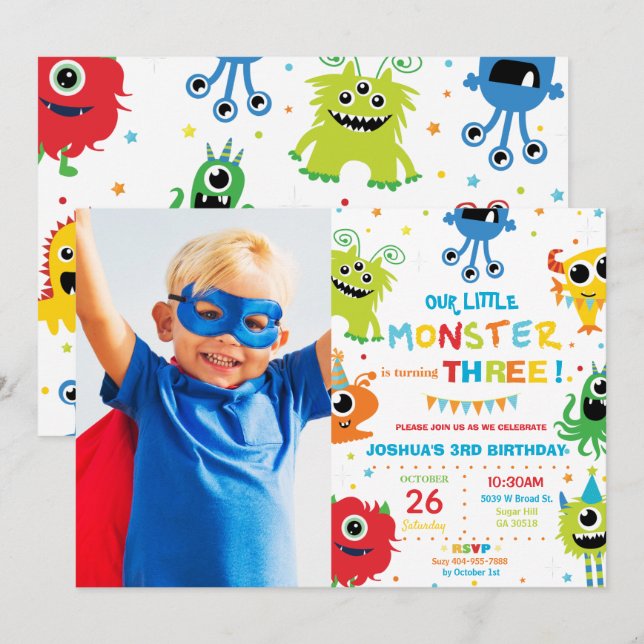 Invitation Cute Little Monster Boy 1er Anniversaire Vibrant P (Devant / Derrière)