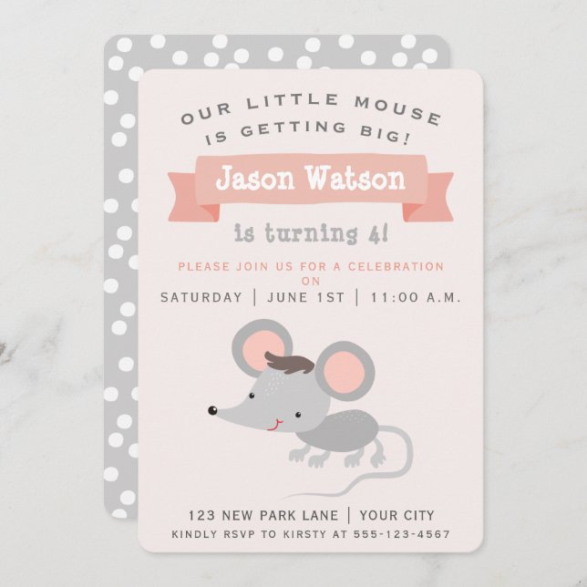 Invitation Cute Little Mouse - Fête d'anniversaire du garçon (Devant / Derrière)