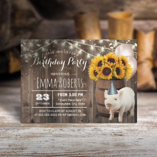 Invitation Cute Little Piggy Rustic Tournesol fête d'annivers