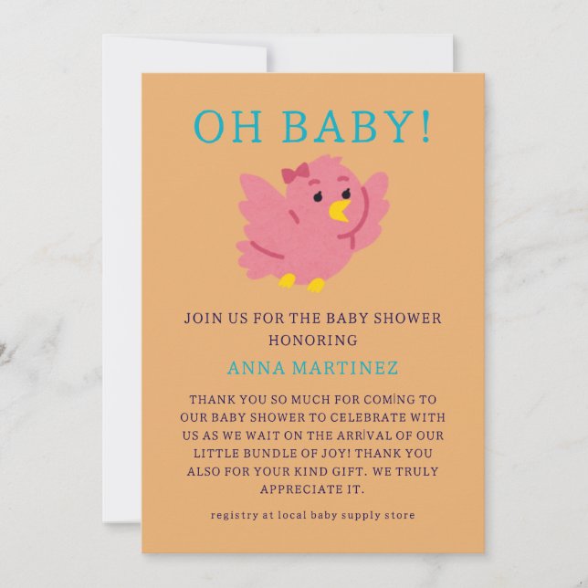 Invitation Cute Little Rose Bird Thème Fille Baby shower (Devant)