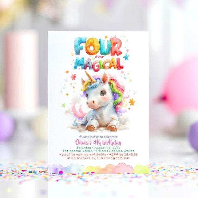 Invitation Cute Little Unicorn Fête du 4ème anniversaire de l (Four Ever Magical Unicorn Birthday Invitations)