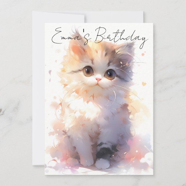Invitation cute little watercolor cat birthday (Devant)