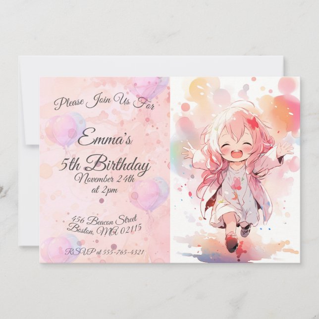 Invitation Cute little watercolor girl horizontal birthday (Devant)