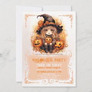 Invitation Cute Little Witch et Halloween Citrouille