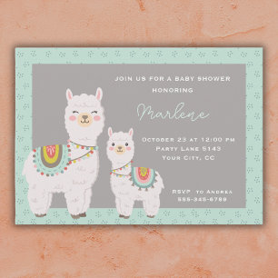 Invitation Cute llama aqua et baby shower gris