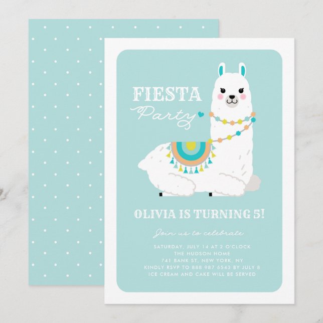 Invitation Cute Llama avec Pom Poms Blue Fiesta Anniversaire  (Devant / Derrière)