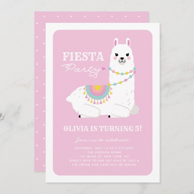 Invitation Cute Llama avec Pom Poms rose Anniversaire de enfa (Devant / Derrière)