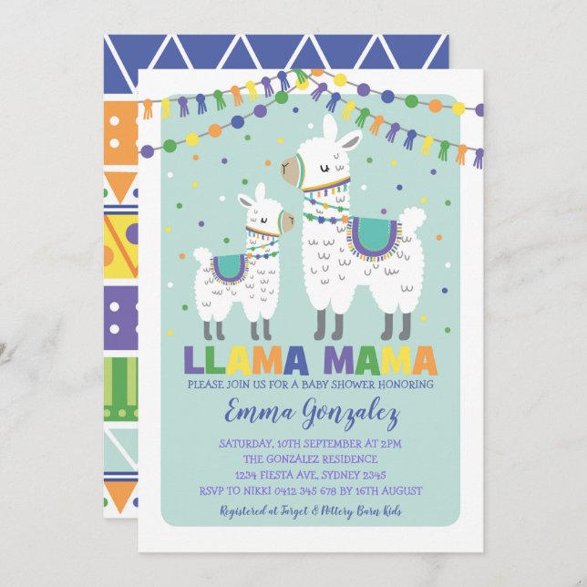 Invitation Cute Llama Baby shower Alpaca bébé garçon Llama Ma (Devant / Derrière)