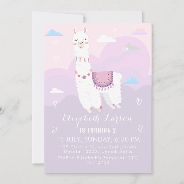 Invitation Cute Llama Couleur Pastel Thème Anniversaire de en (Devant)