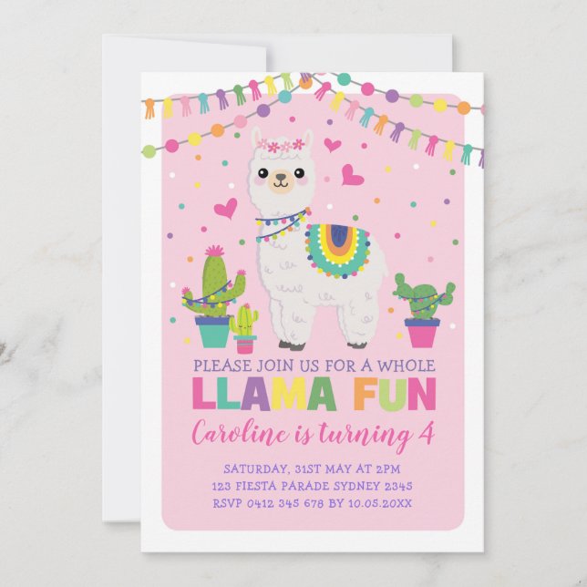 Invitation Cute Llama fête d'anniversaire Fille Fiesta Alpaca (Devant)