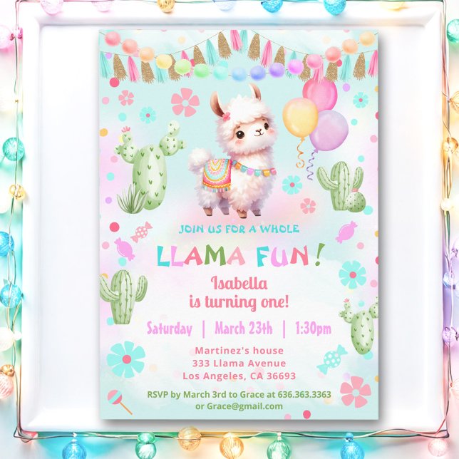 Invitation Cute Llama Fun Cactus Colorful Girl Anniversaire (Cute Llama Fun Cactus Colorful Girl Birthday Invitation)