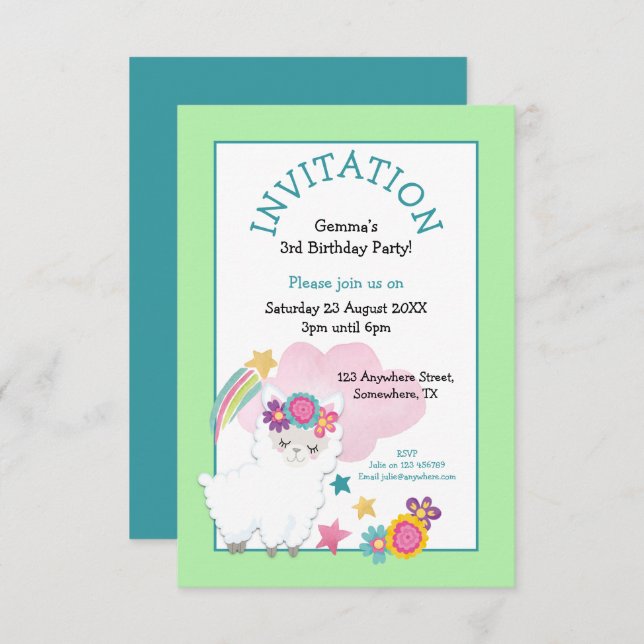 Invitation Cute Llama Jeune Enfant Fête d'anniversaire Pale G (Devant / Derrière)