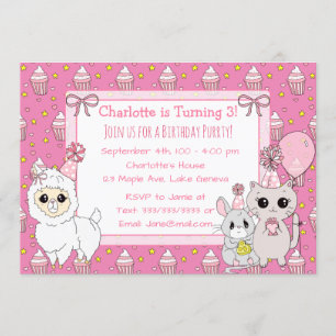 Invitation Cute Llama, Kitten et souris rose fille's Birthday