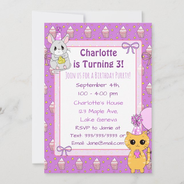Invitation Cute Llama, Kitten et souris violet Anniversaire (Devant)