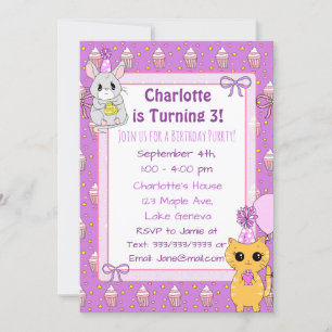 Invitation Cute Llama, Kitten et souris violet Anniversaire