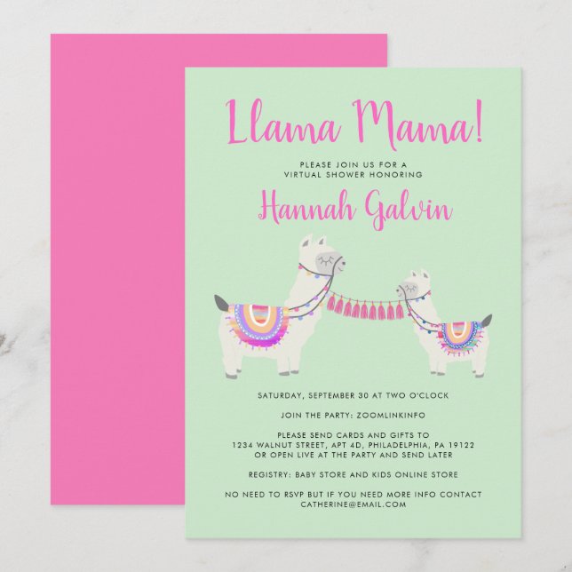 Invitation Cute Llama Mama Hot rose vert bébé Douche virtuell (Devant / Derrière)