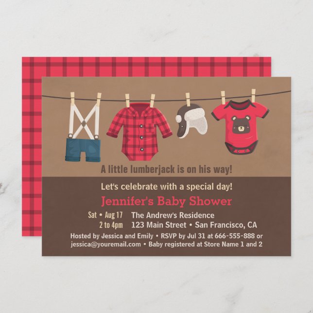 Invitation Cute Lumberjack Plaid Vêtements Baby showers Invit (Devant / Derrière)