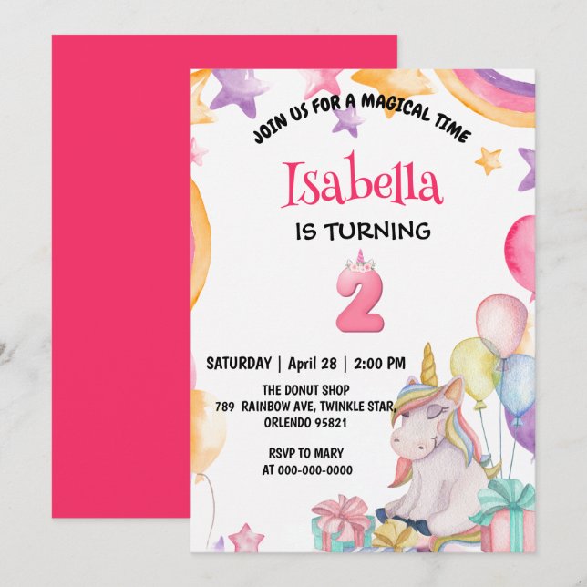 Invitation Cute Magic Rainbow Unicorn 2e fête d'anniversaire (Devant / Derrière)