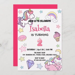 Invitation Cute Magic Rainbow Unicorn 2e fête d'anniversaire
