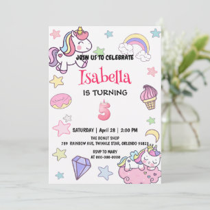 Invitation Cute Magic Rainbow Unicorn 5e fête d'anniversaire