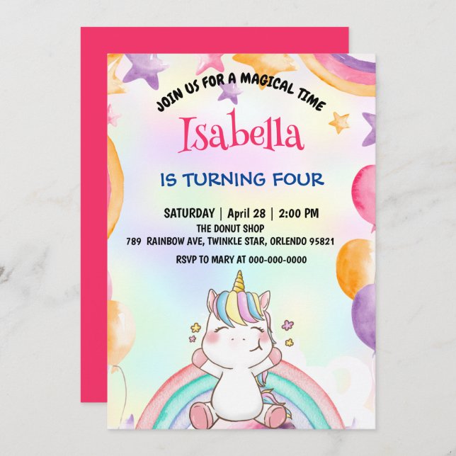 Invitation Cute Magique Arc-en-ciel Unicorn fête d'anniversai (Devant / Derrière)