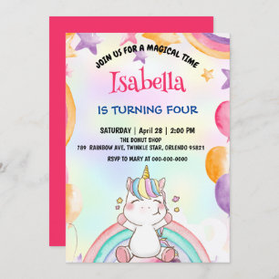 Invitation Cute Magique Arc-en-ciel Unicorn fête d'anniversai