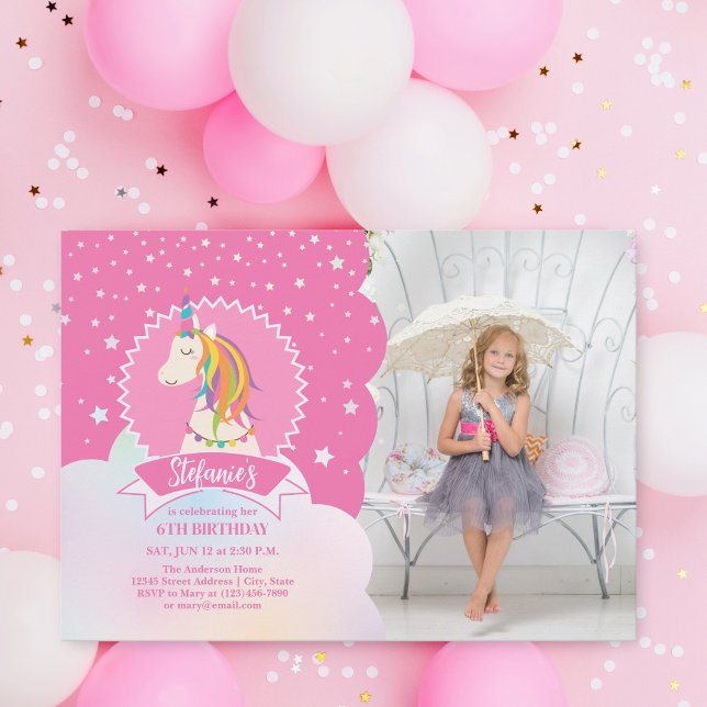 Invitation Cute Magique Arc-en-ciel Unicorn Girl Birthday Pho (Créateur téléchargé)