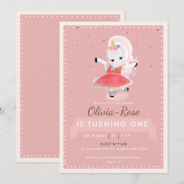 Invitation Cute Magique Ballerina Unicorn Rose Girl Anniversa (Devant / Derrière)