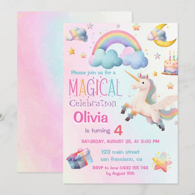 Invitation Cute Magique Unicorn Fille fête d'anniversaire (Devant / Derrière)