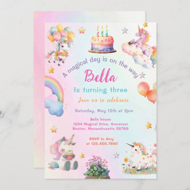 Invitation Cute Magique Unicorn Rainbow Girl Birthday Party (Devant / Derrière)