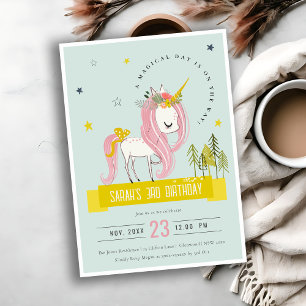 Invitation Cute Magique Unicorn rose Jaune Anniversaire de en